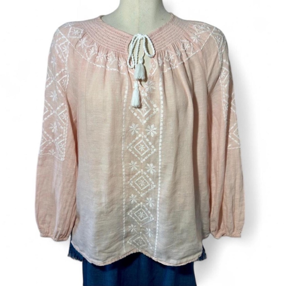 Joie Peach Embroidered Peasant Blouse Medium Tassel Tie 100% Linen